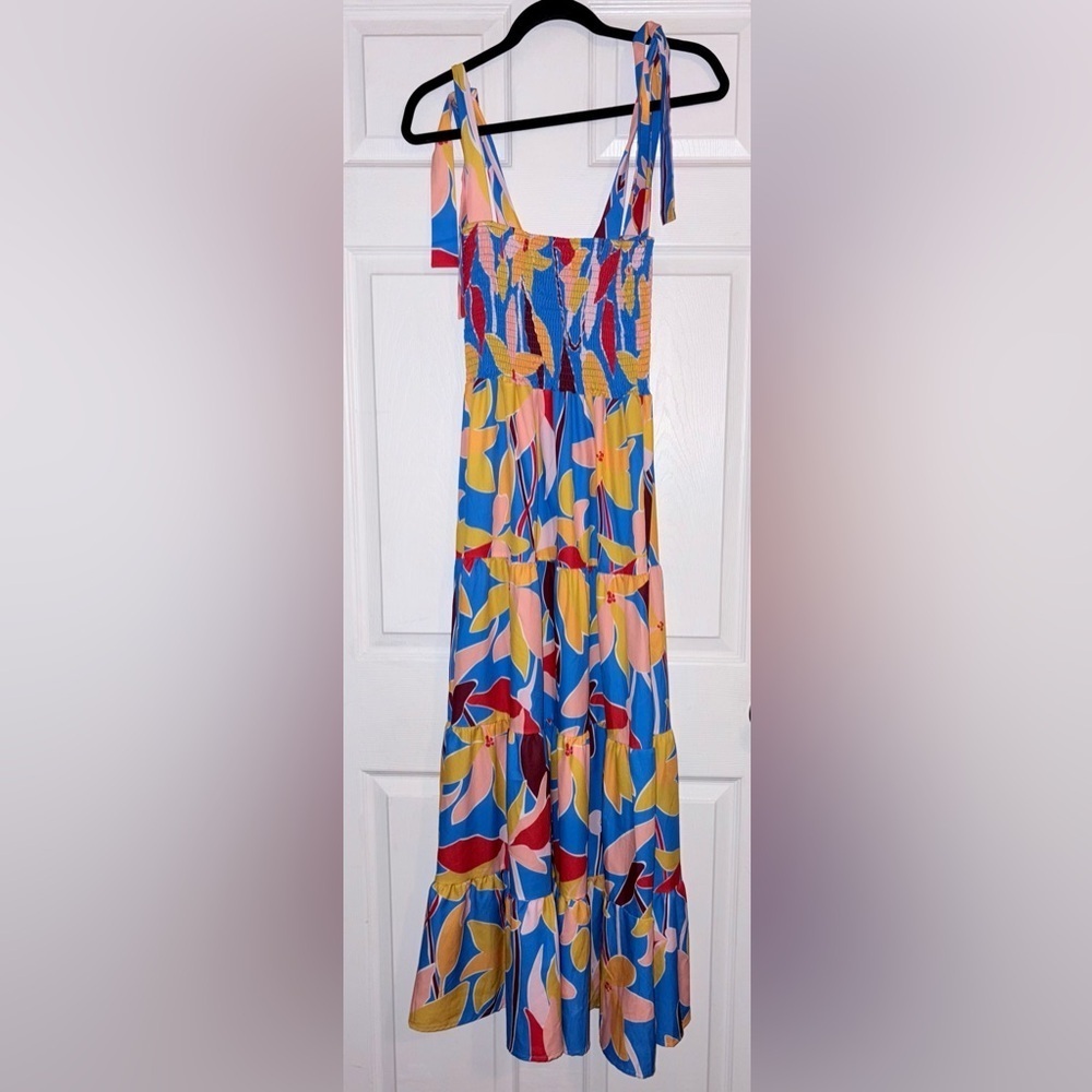 Women's Blue Multicolor Floral Smocked Ruffle Tiered A Line Maxi Dress Size L - Picture 6 of 7